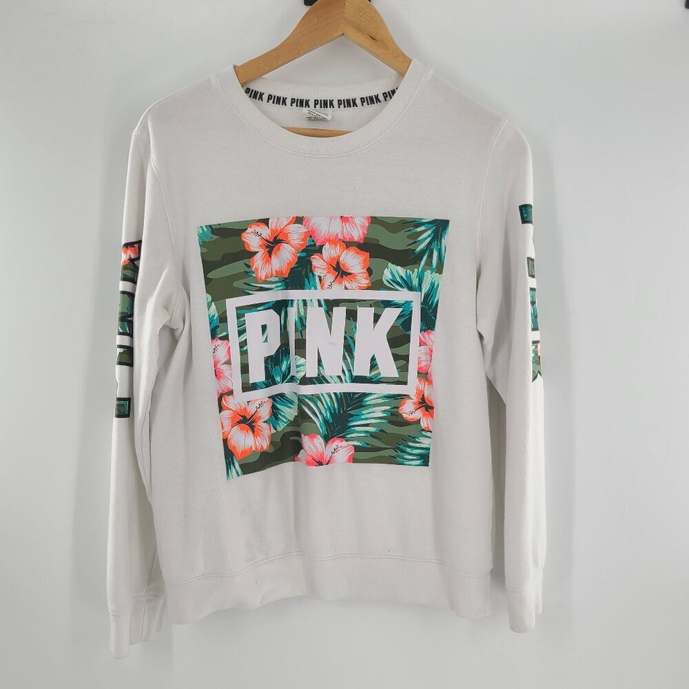 Victorias Secret‎ PINK Sweatshirt Top Size Small White Green Orange Crew Neck